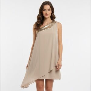 Calvin Klein Taupe Asymmetrical Dress with Gold Sequin